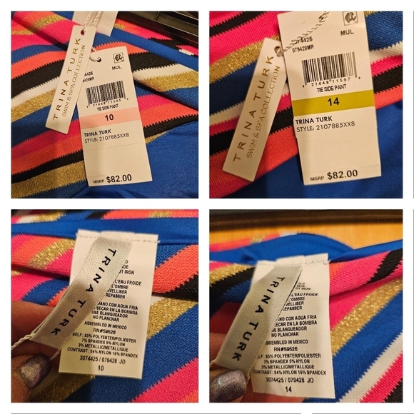 Trina Turk Lux Piqué Tie Side Pant Bikini Bottom Blue Gold Pink - Picture 10 of 17